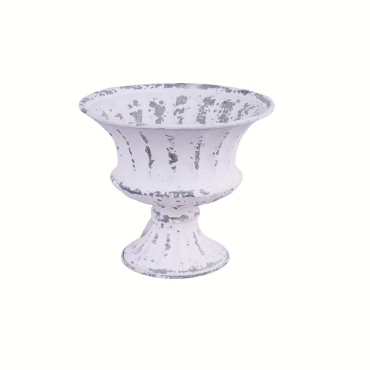 Antique White Tin Compote Vase | 5.5" Distressed Pedestal Bowl for Floral Decor-KE263752